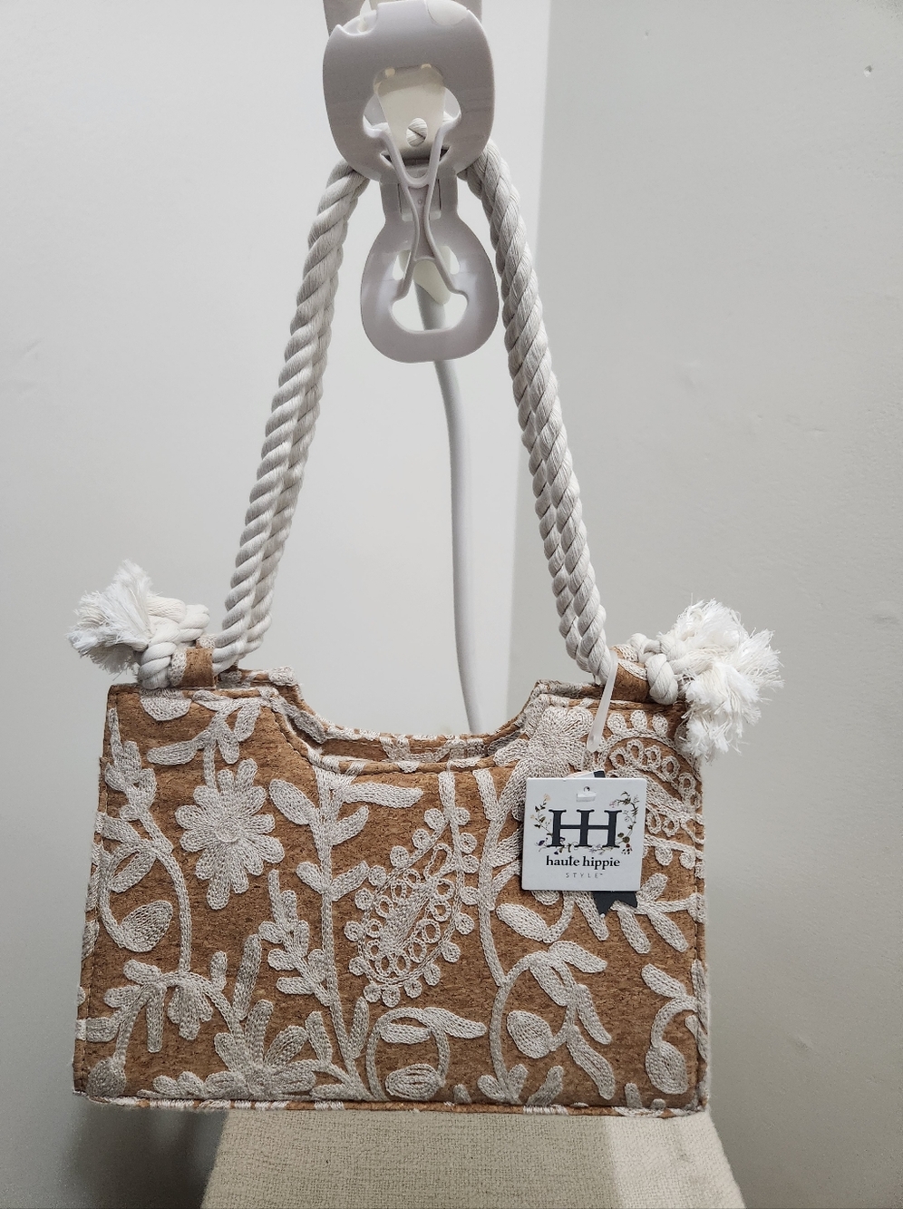 Haute Hippie Brown and White Embroidered Shoulder Bag with Rope Handles!